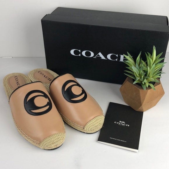 NEW Coach Channing Beechwood Chic Leather Espadrille Slides Mules Flats 9 - Picture 1 of 10